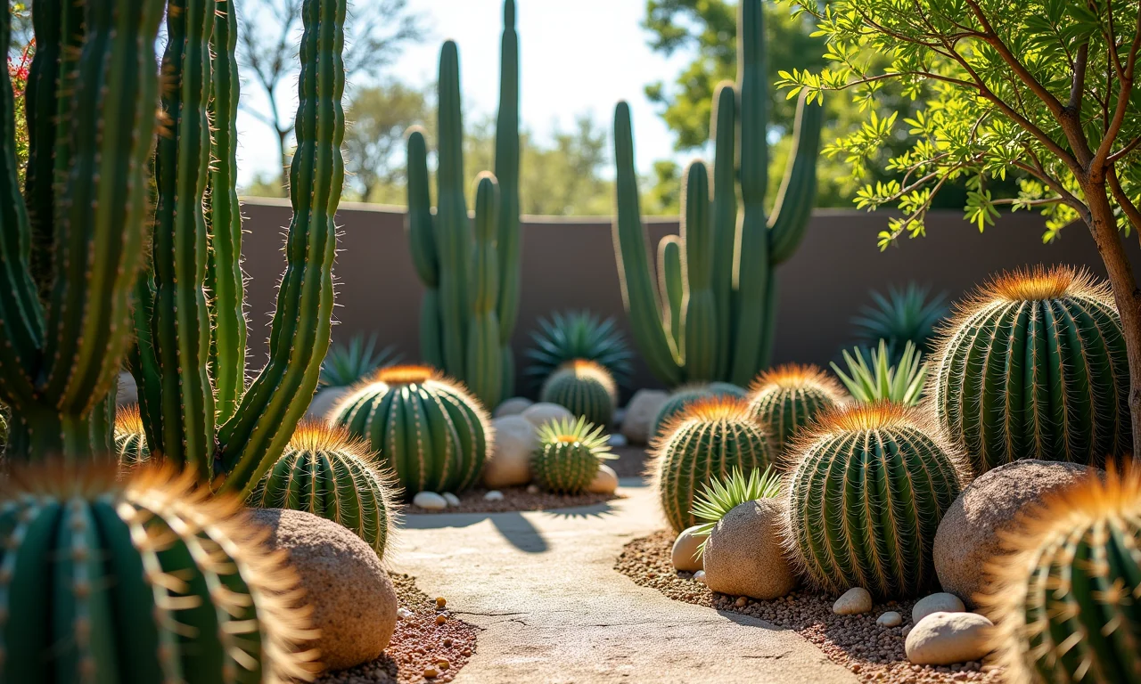 Combinação de cactos com outras plantas desérticas.
