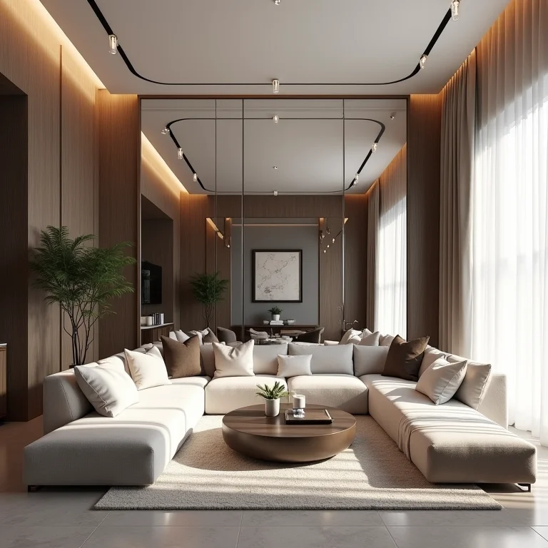 Combinação de espelhos inteiros e fragmentados em uma sala de estar contemporânea.