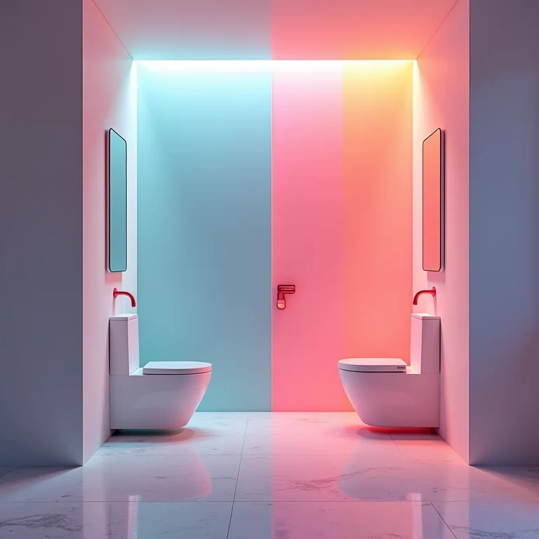 Comparação entre um banheiro básico e um banheiro com cromoterapia.