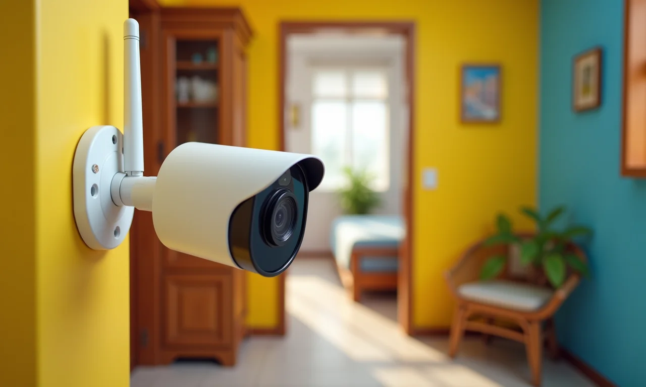 Configuração de câmera de segurança sem fio em apartamento brasileiro vibrante.