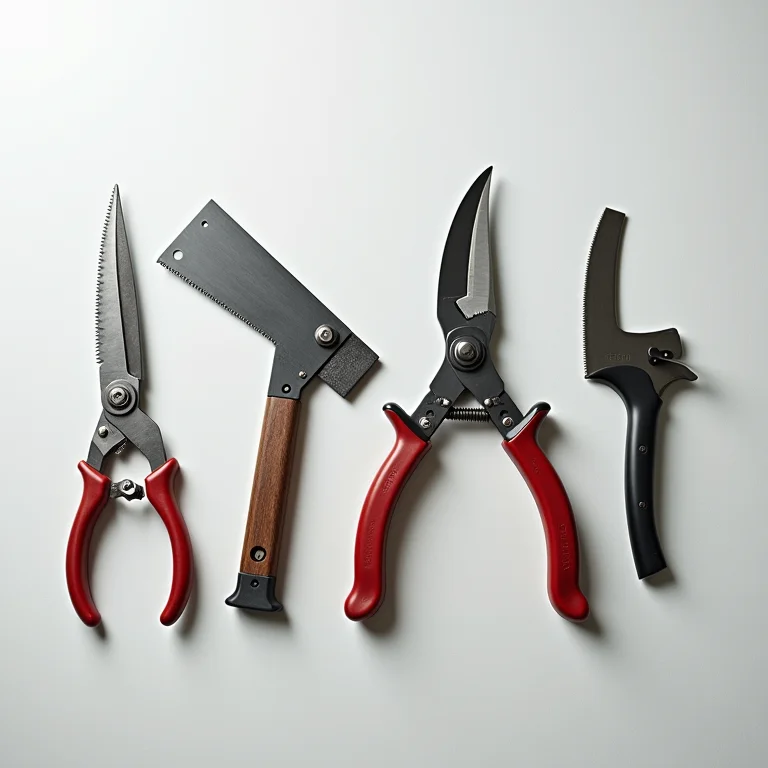 Conjunto de ferramentas de poda organizadas sobre superfície clara