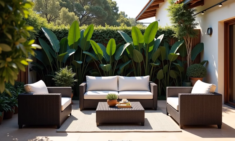 Conjunto de móveis de fibra sintética em área externa aconchegante.