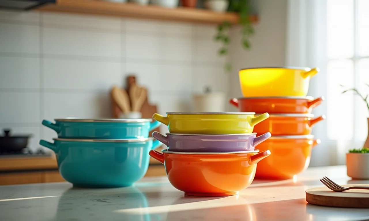 Conjuntos de potes de acrílico empilháveis em prateleira de cozinha.