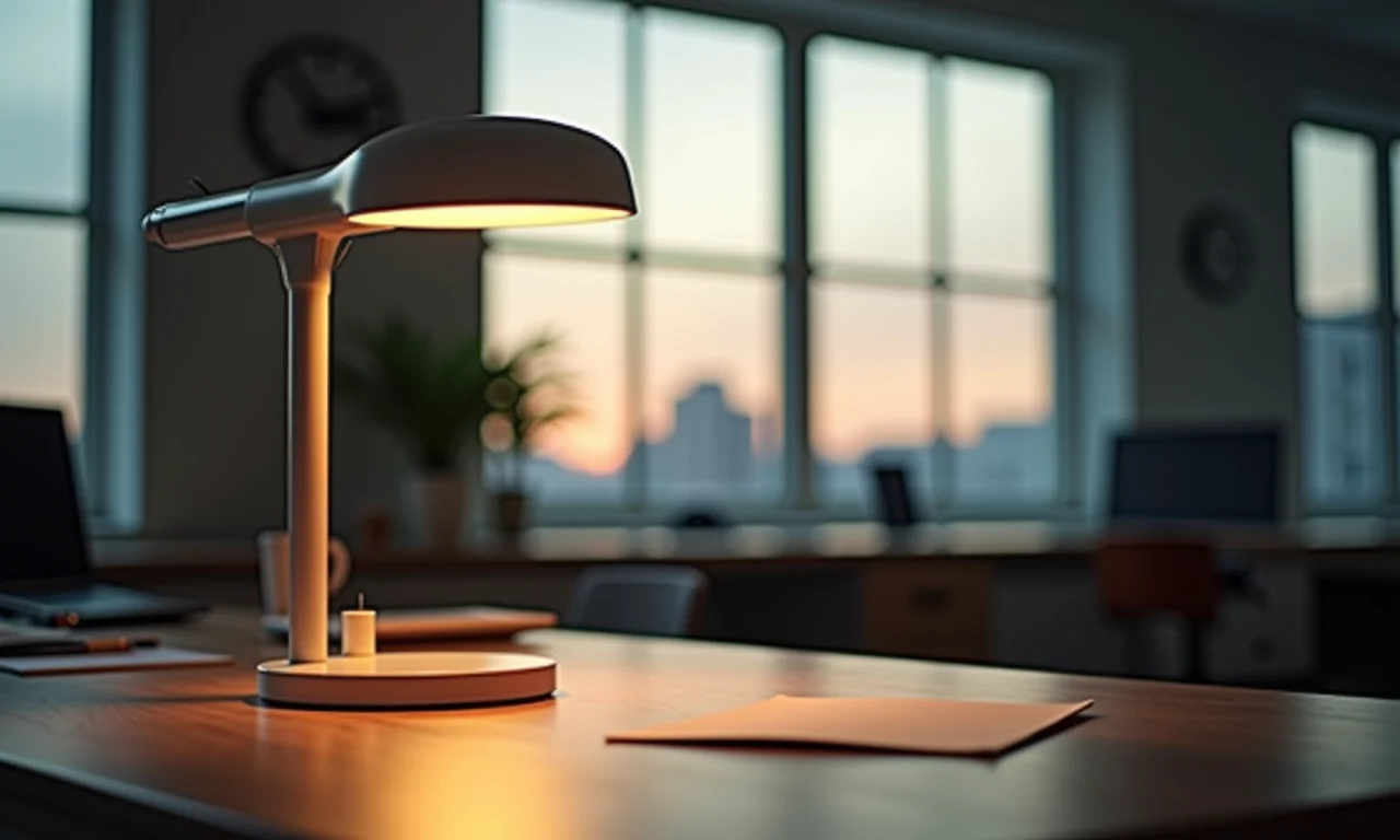 Consultório bem iluminado com luz natural e luminária moderna.