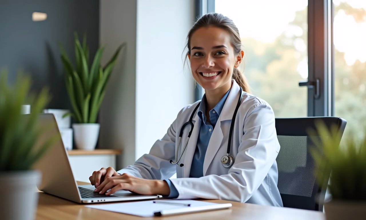 Consultório moderno com mesa de madeira elegante e médica sorrindo.