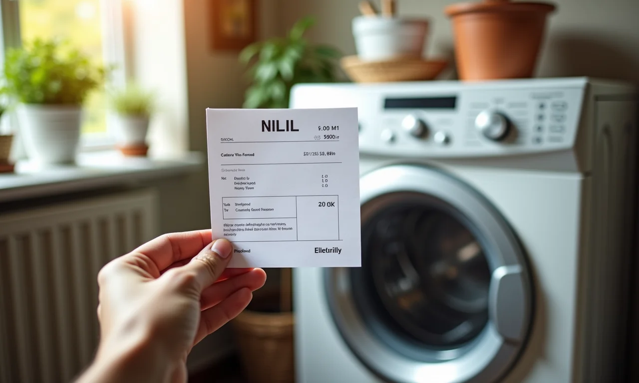 Conta de luz com valor menor ao lado de uma máquina de lavar.