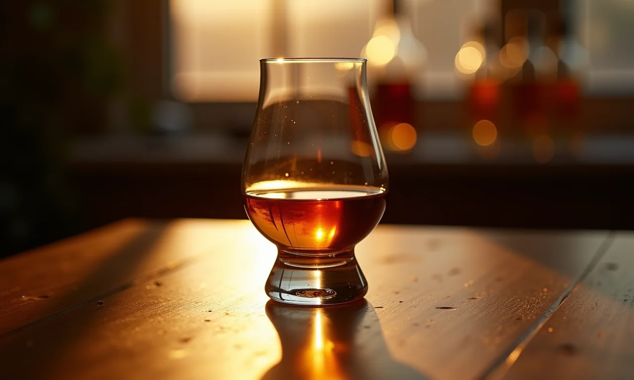 Copo Glencairn com whisky âmbar refletindo luz natural.