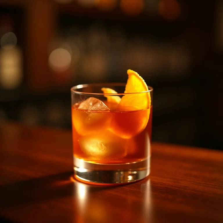 Copo Old Fashioned com coquetel e casca de laranja.