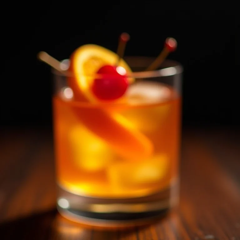 Copo Old Fashioned com whisky e laranja.