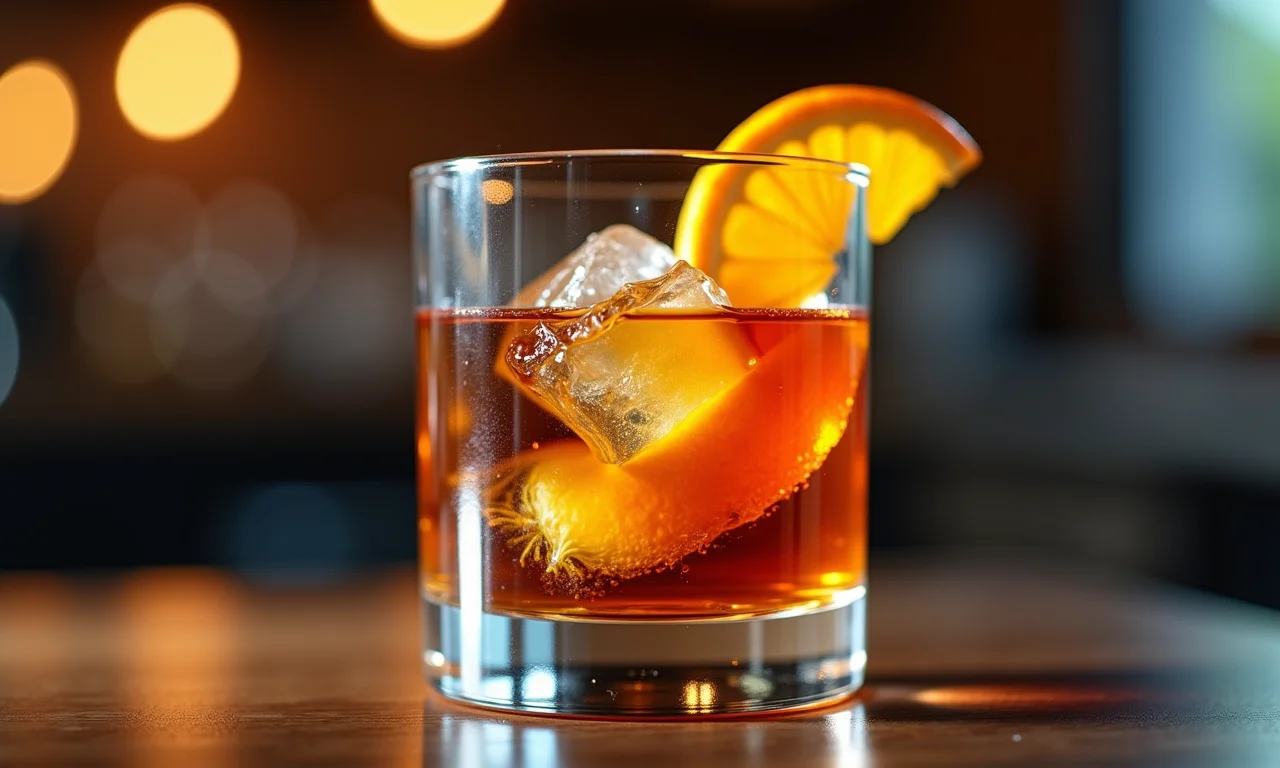 Copo Old Fashioned com whisky, gelo e casca de laranja.
