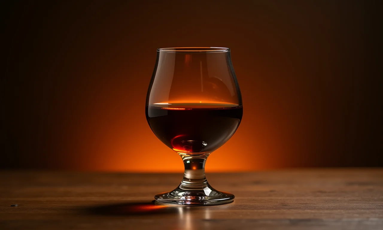 Copo Snifter com whisky escuro e iluminação quente.