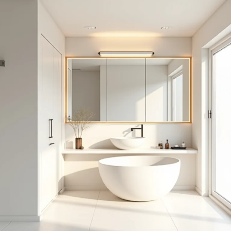 Cores claras e espelho para ampliar visualmente um banheiro pequeno.