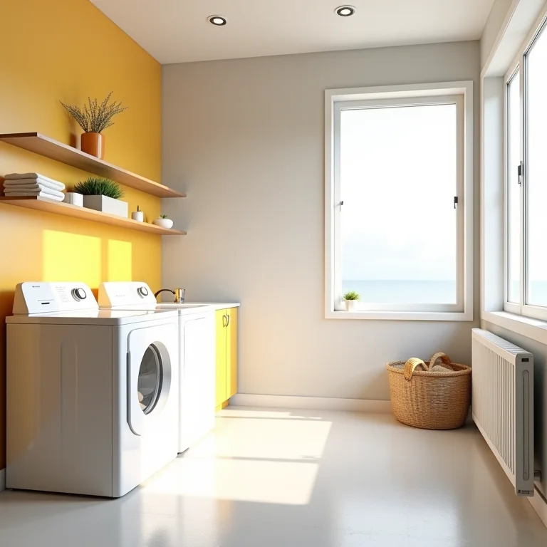 Cores claras e iluminação adequada ampliando visualmente uma área de serviço pequena.