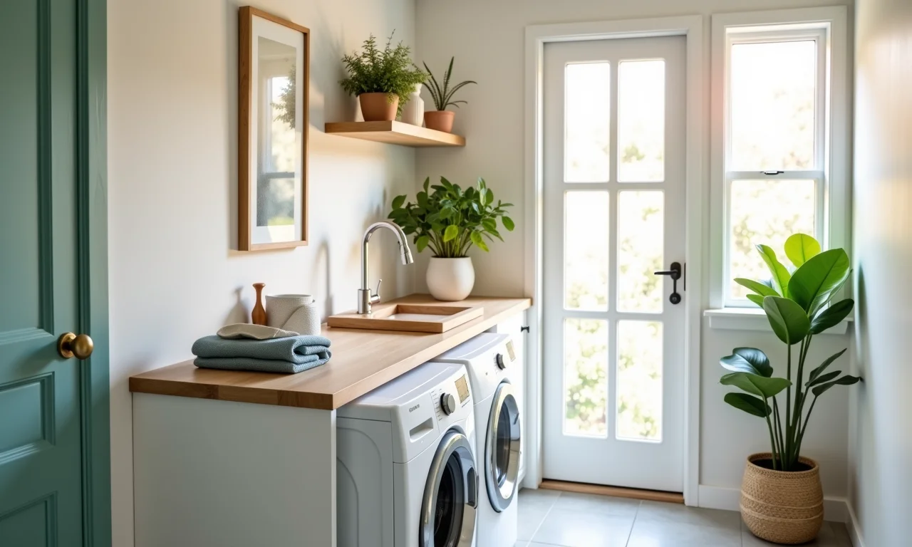 Cores claras iluminando e ampliando uma lavanderia compacta.