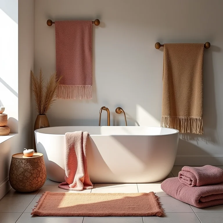 Cores e texturas em um banheiro boho chic.