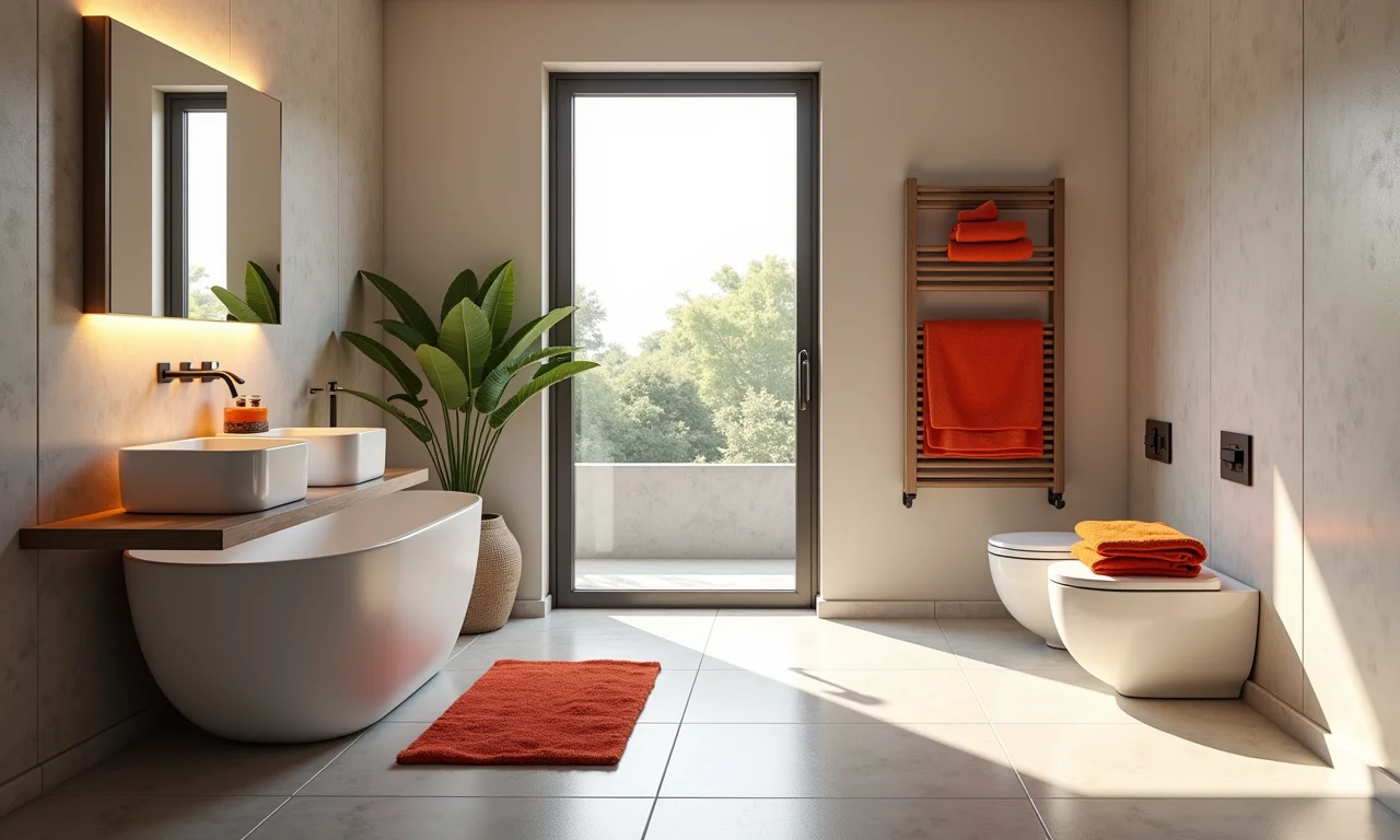 Cores neutras com toques de cor em banheiro social.