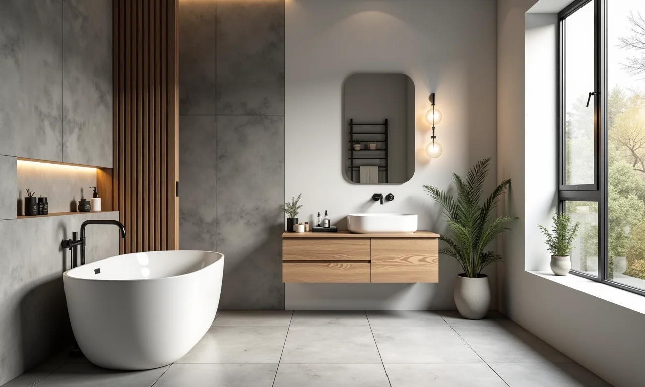 Cores que combinam com cimento queimado e madeira em banheiro.