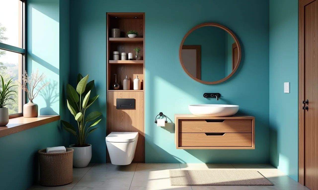 Cores vibrantes e texturas criando atmosfera agradável em banheiro.