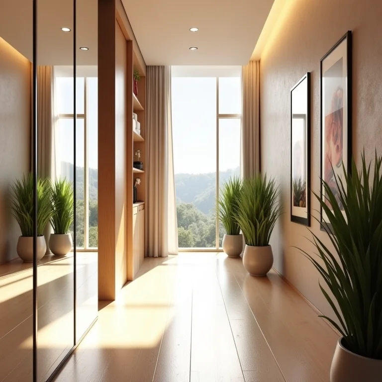 Corredor elegante com paredes revestidas de espelho refletindo arte e plantas.