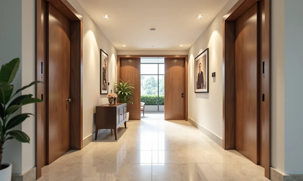 Corredor espaçoso com porta de correr embutida, facilitando a acessibilidade.