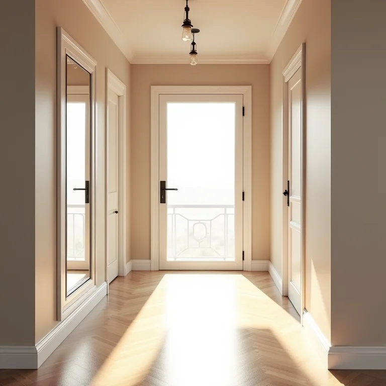 Corredor iluminado com espelho refletindo a luz natural