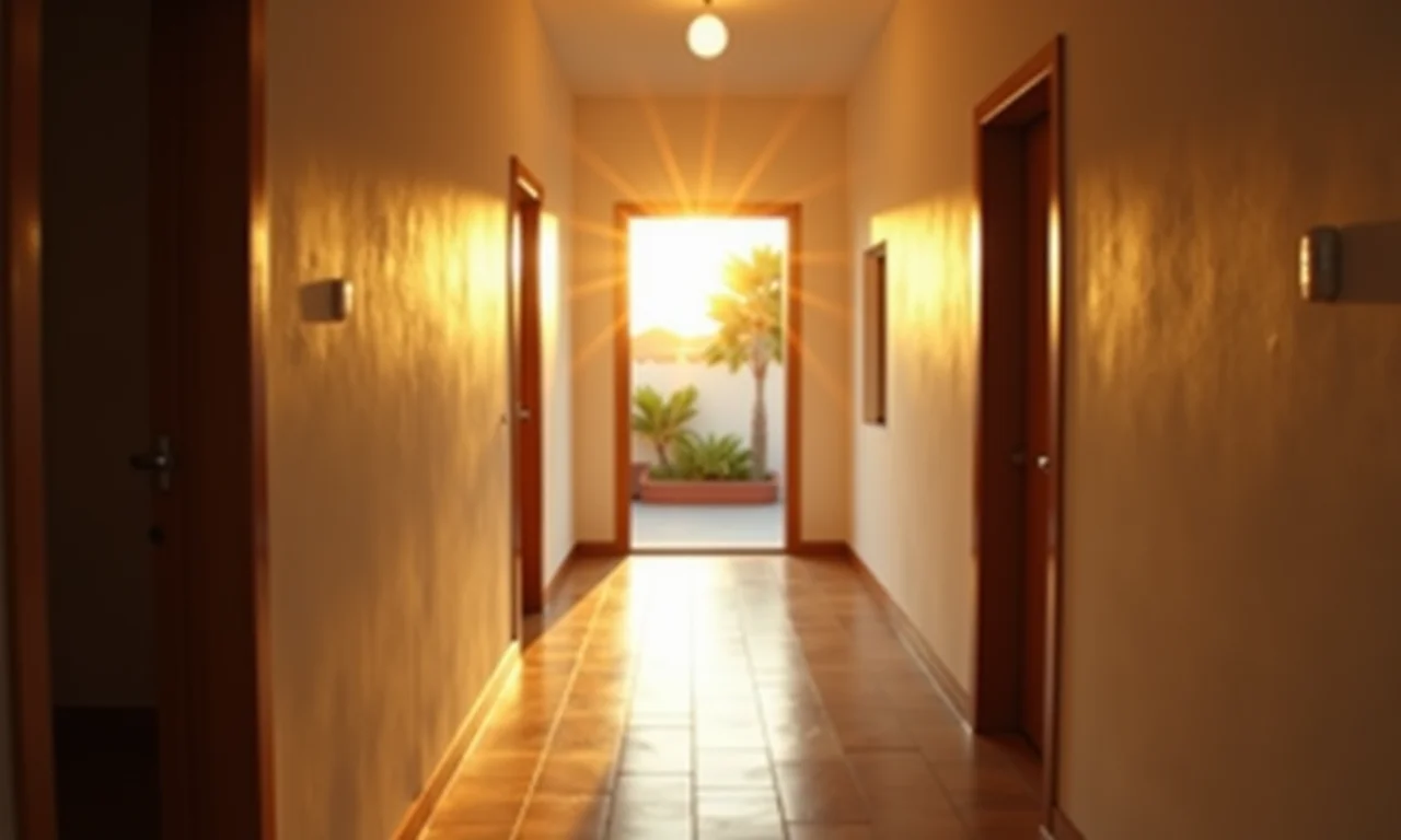 Corredor iluminado por lâmpada com sensor de som, economizando energia.