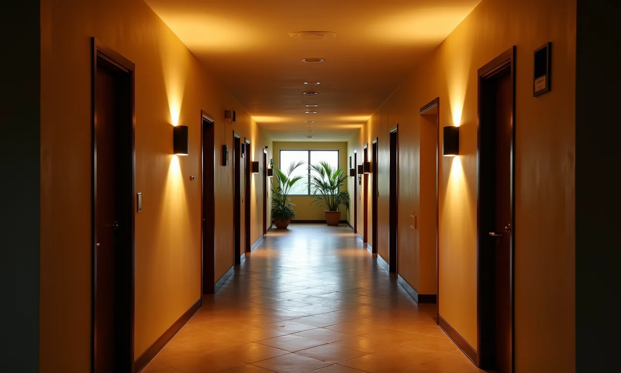 Corredores e escadas iluminados por lâmpadas com sensor de som em prédio brasileiro.