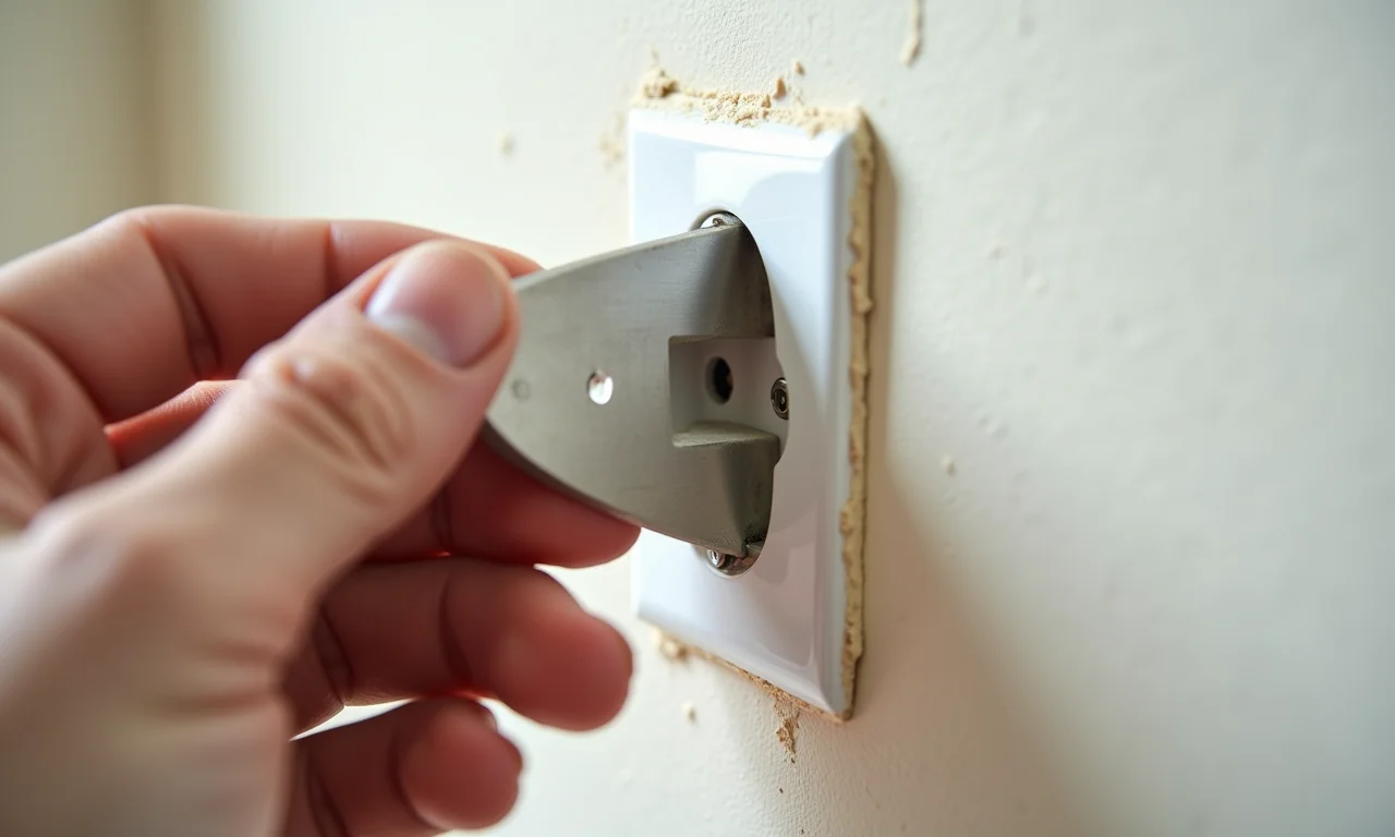 Cortando papel de parede em volta de tomada.