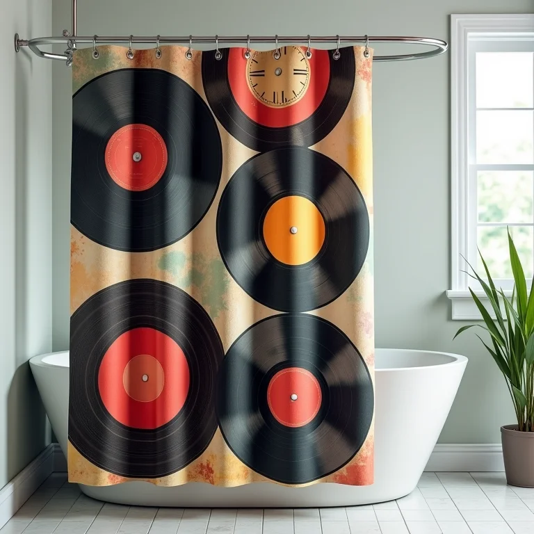 Cortina de box com capas de discos de vinil em banheiro temático musical.