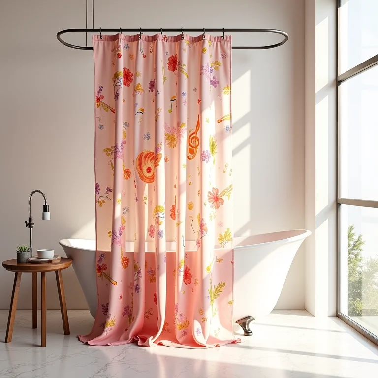Cortina de box com estampa musical em banheiro temático.