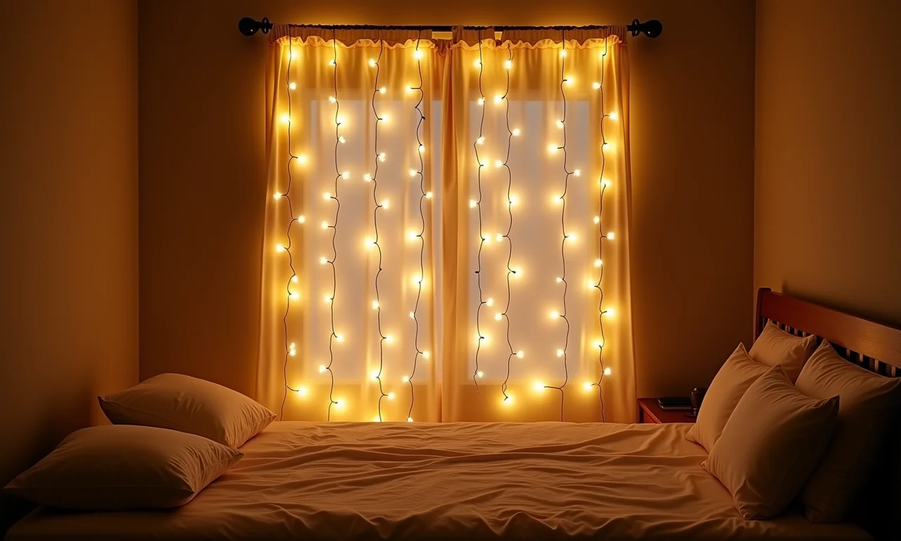 Cortina de luzes de fada pendurada na parede do quarto.