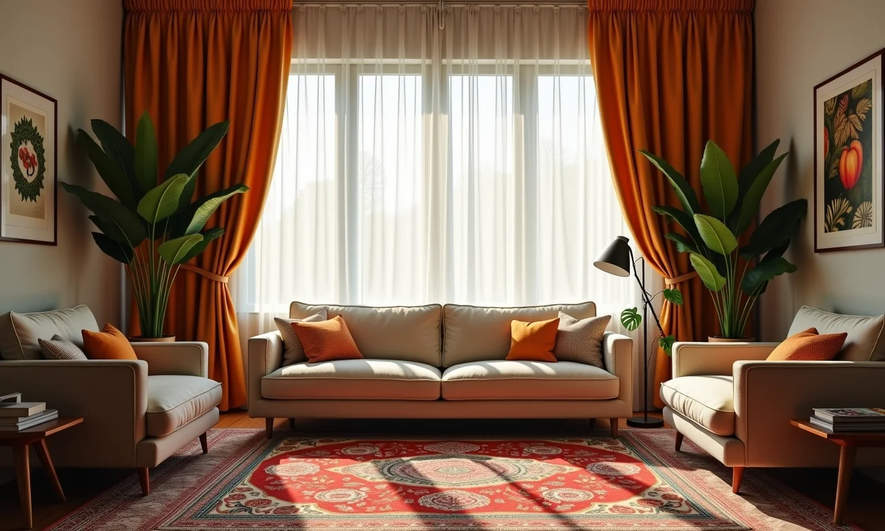 Cortinas e tapetes que contam histórias de cinema em uma sala de estar.