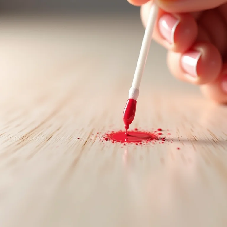 Cotonete embebido em removedor de esmalte sem acetona limpando suavemente uma pequena mancha de tinta em um piso laminado.