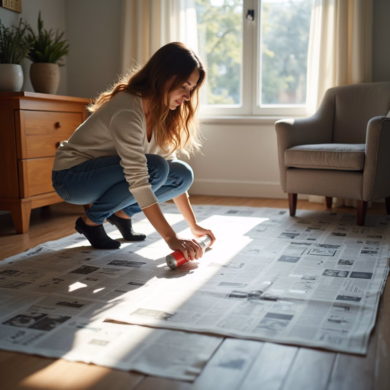 Covered floor and furniture with newspaper, woman testing spray, natural light, professional Preparando ambiente para impermeabilização.
