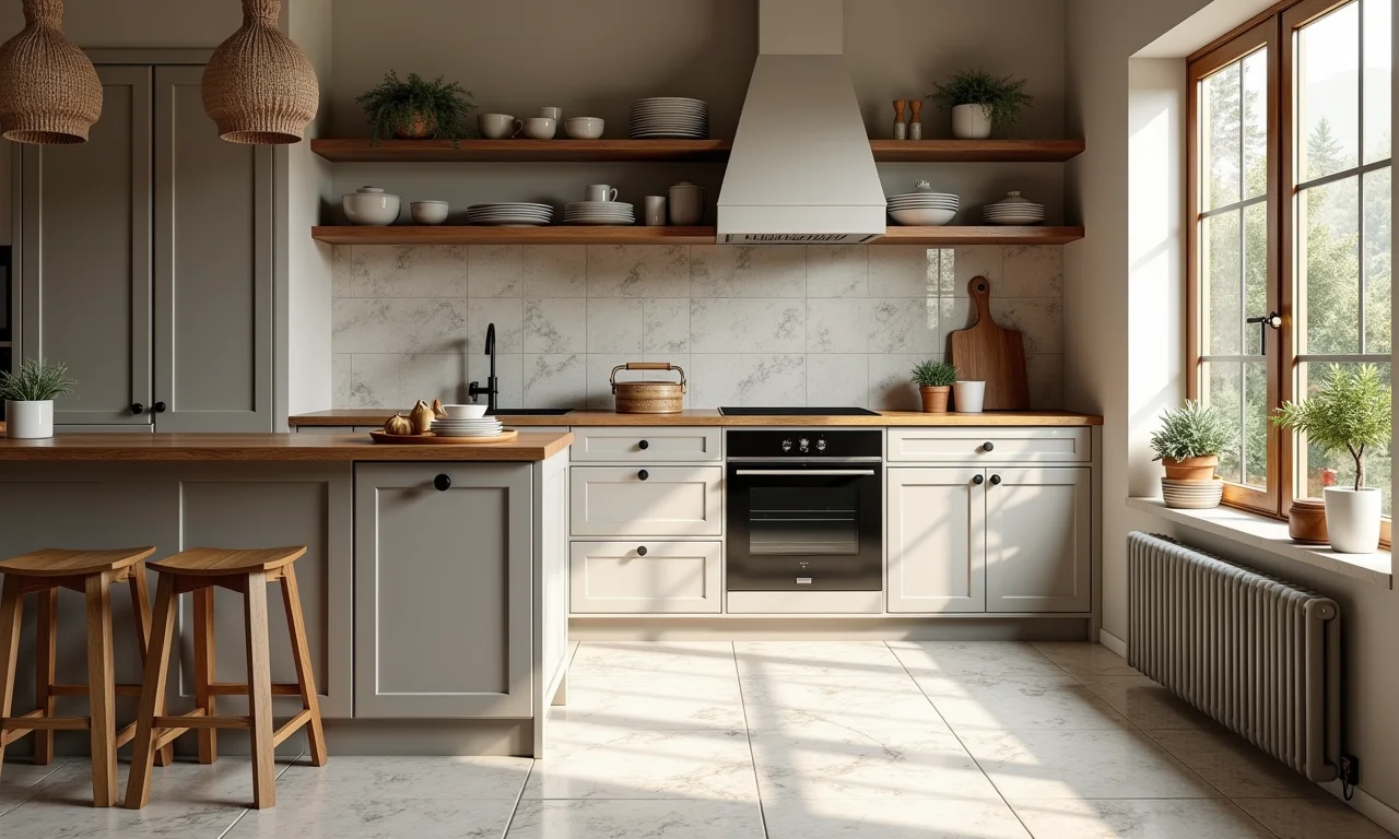 Cozinha aconchegante com cerâmica marmorizada no chão e backsplash.