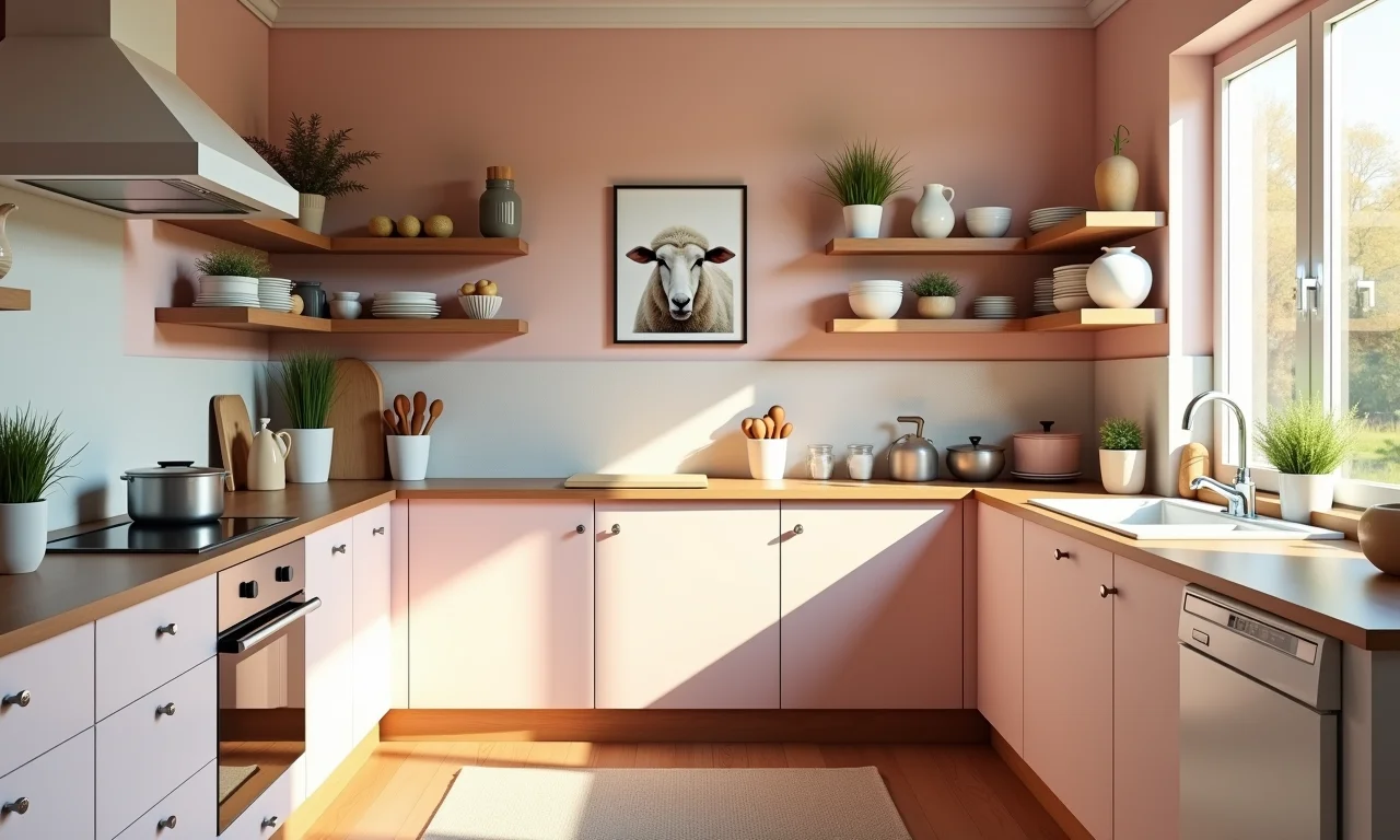 Cozinha aconchegante com cores pastel e detalhes de ovelha.