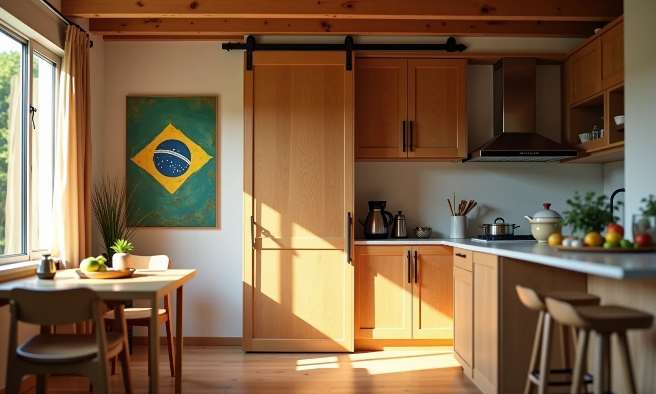 Cozinha aconchegante com porta de correr de madeira.