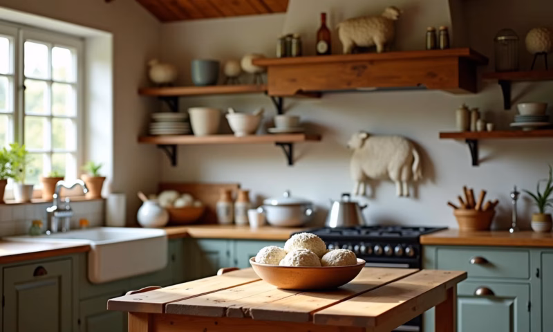 Cozinha aconchegante em estilo farmhouse decorada com ovelhas, iluminação natural e mesa de madeira rústica.
