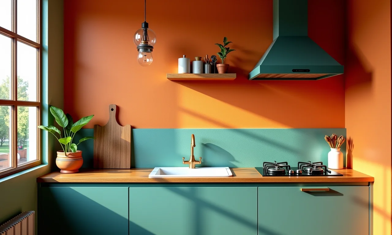 Cozinha alegre com parede de cimento queimado colorida em tons de terracota e azul.