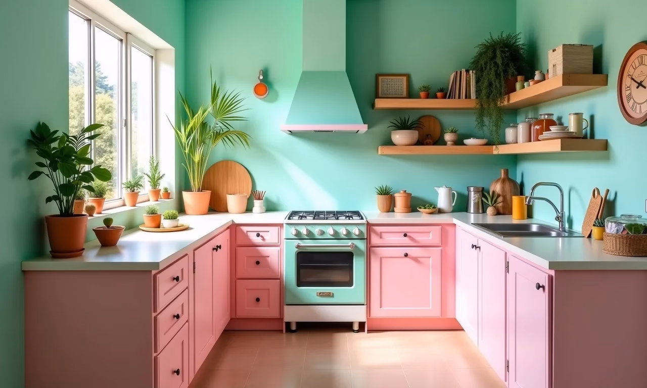 Cozinha alegre em candy colors com armários rosa pastel e paredes verde menta.