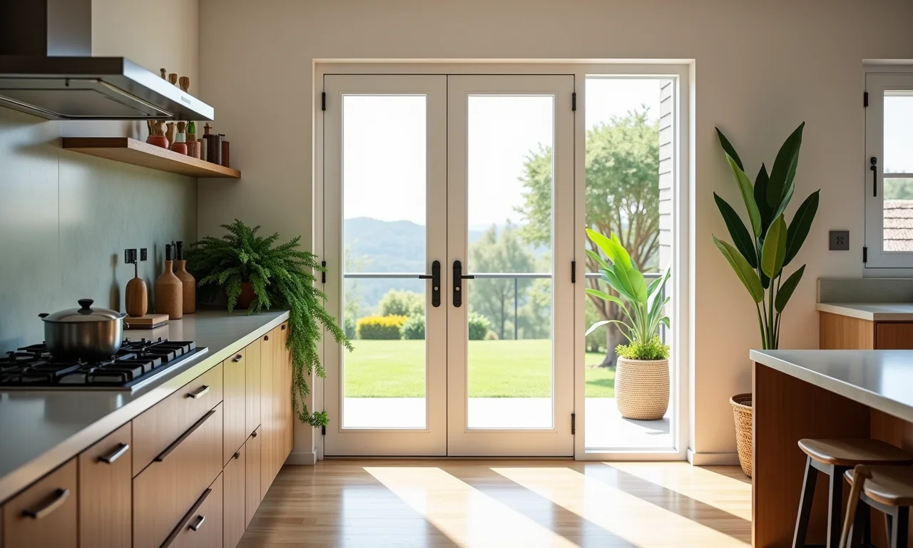 Cozinha brasileira moderna com porta de alumínio branca.