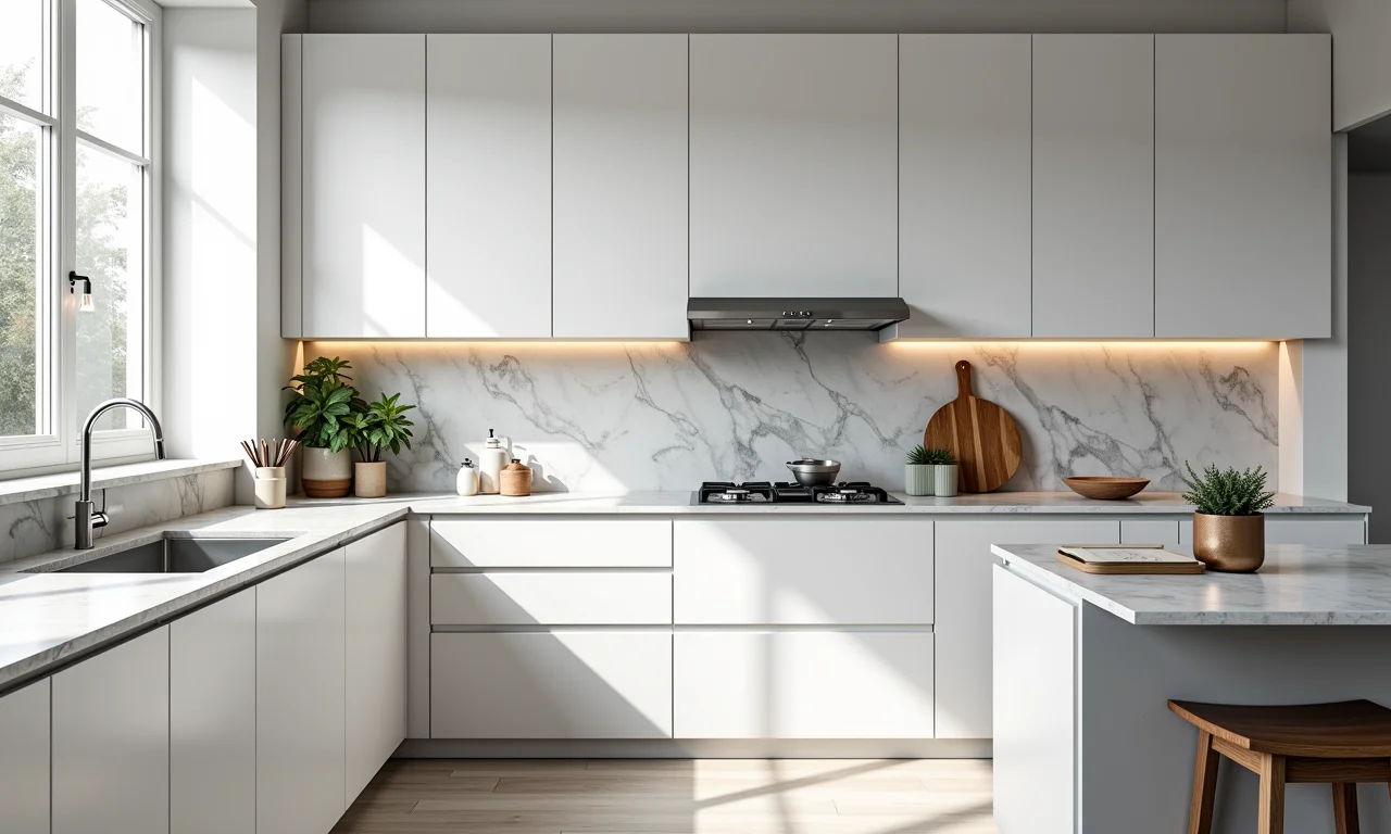 Cozinha com bancadas marmorizadas e armários brancos combinados com cinza.