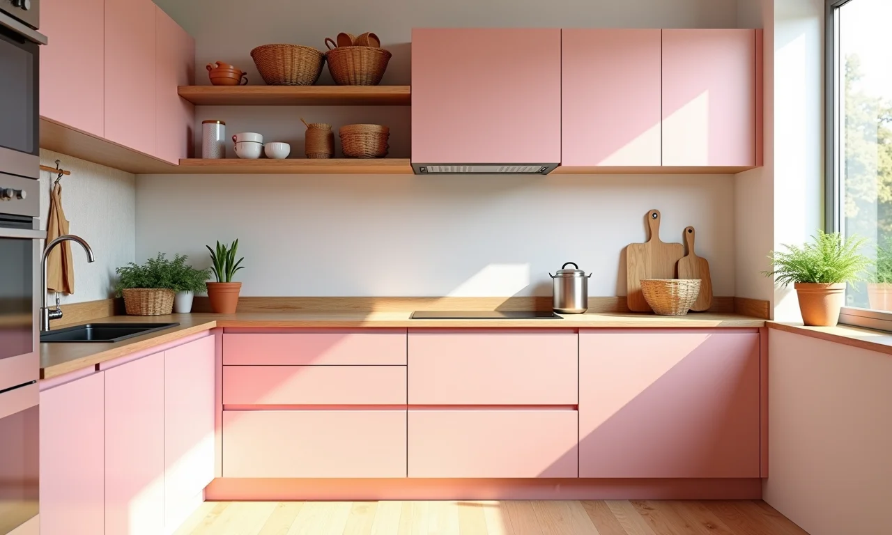 Cozinha com candy colors combinadas com tons de madeira natural.