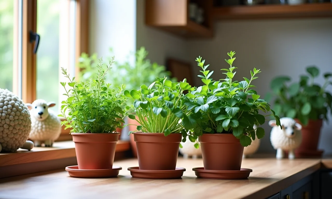 Cozinha com ervas em vasos e decoração de ovelha, com toque natural.