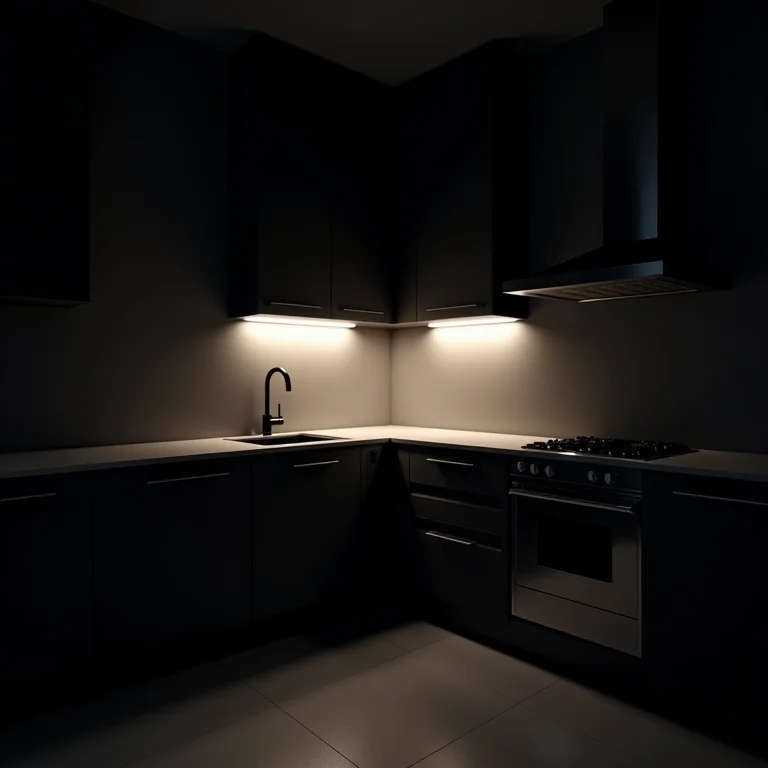 Cozinha com iluminação inadequada, criando sombras e dificultando a visibilidade.