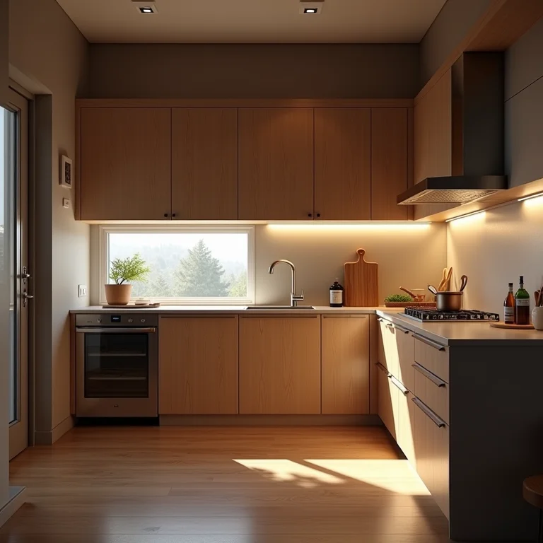 Cozinha com iluminação inadequada dificultando o preparo de alimentos