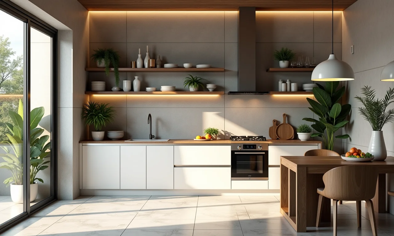 Cozinha com parede de cimento queimado e revestimento cerâmico.