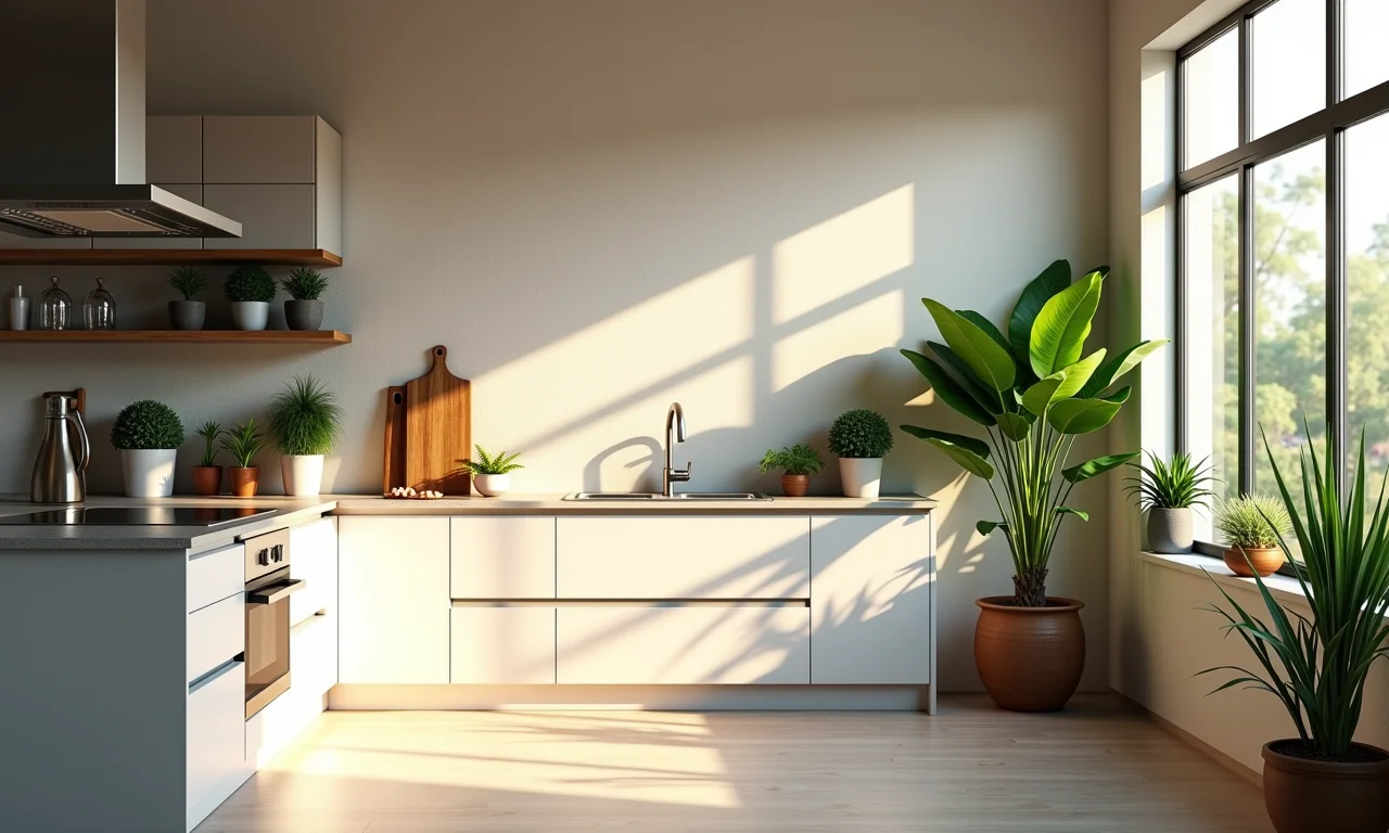 Cozinha com parede de cimento queimado, plantas e iluminação natural.