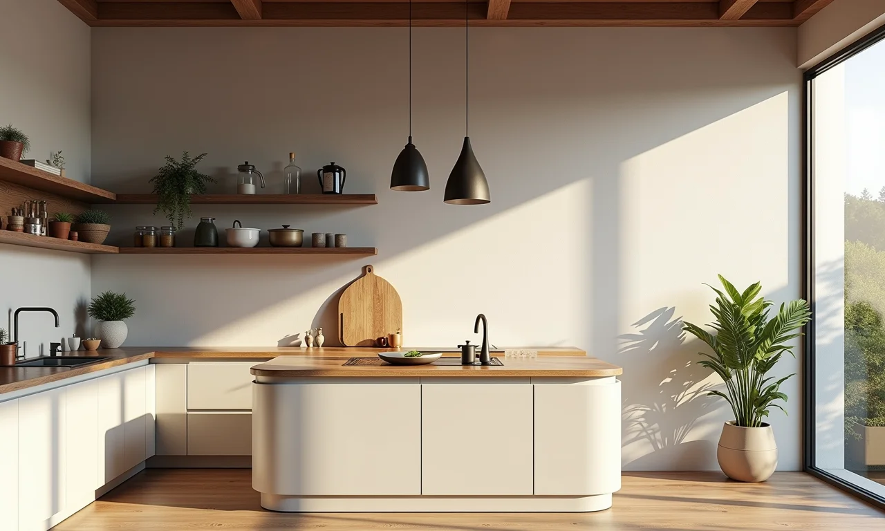 Cozinha com todas as paredes em cimento queimado e decoração minimalista.