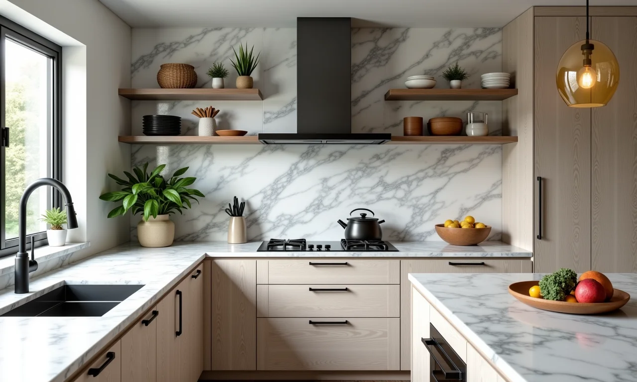 Cozinha com variedade de cores e texturas em revestimento marmorizado.